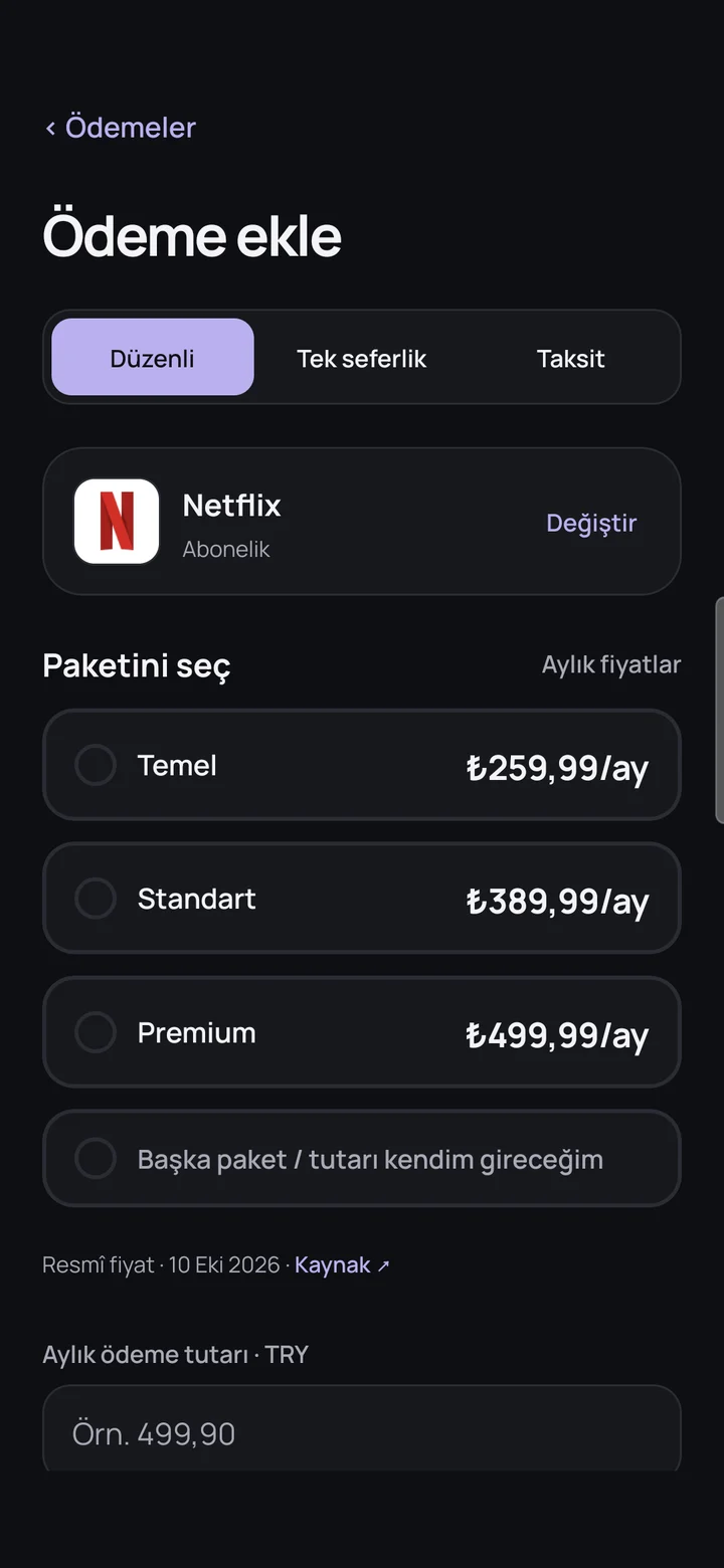 Ritvelo’da Netflix paket seçimi ekranı